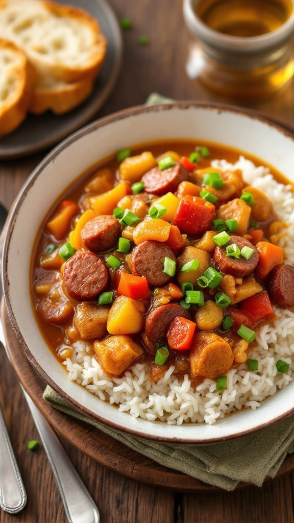 A bowl of Chicken and Sausage Gumbo over rice, garnished with green onions on a rustic table with bread.